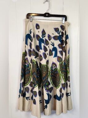 Beige Midi Skirt with Peacock Embroidery